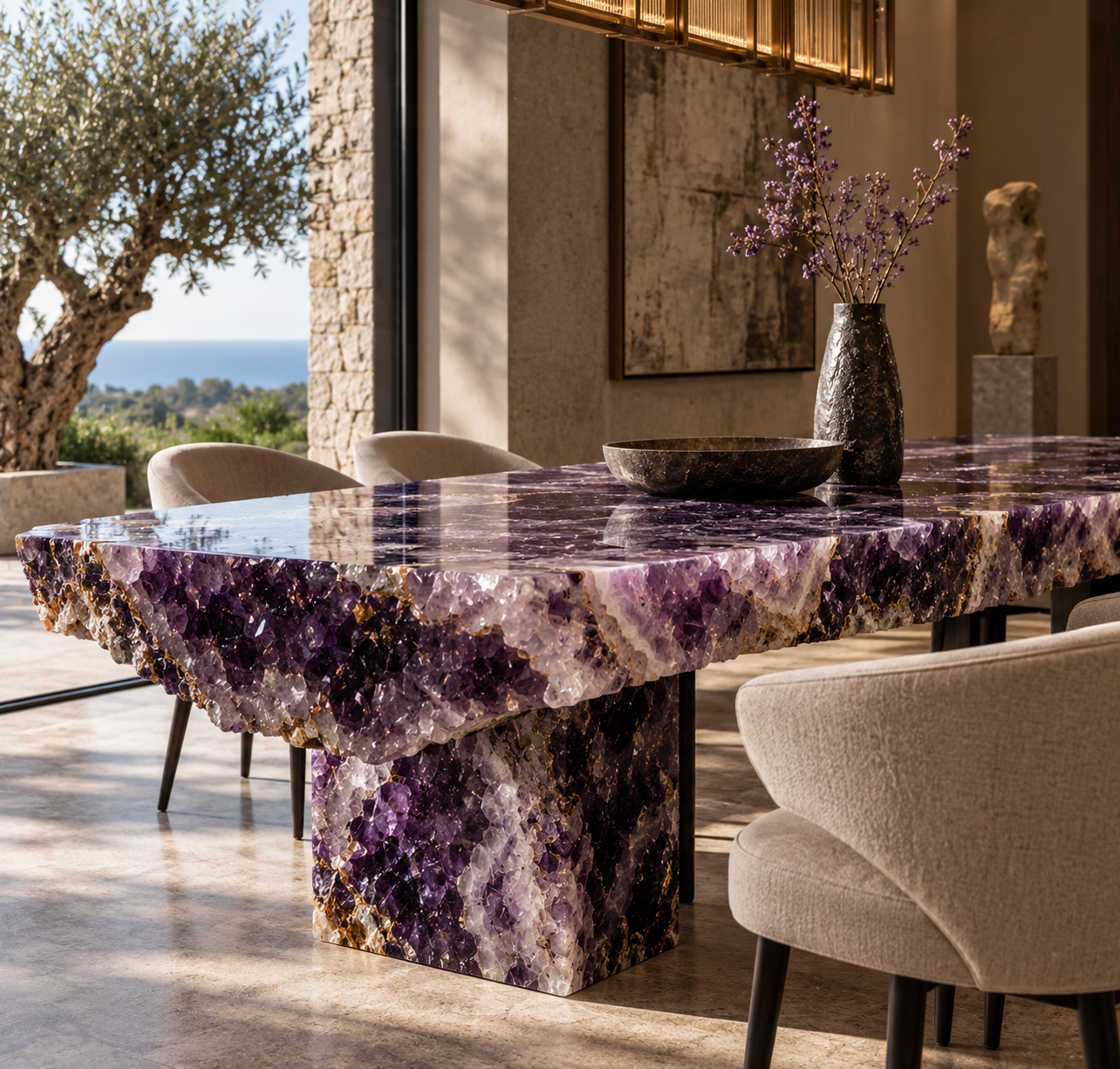 Amethyst crystal dining table as a sculptural feature piece.