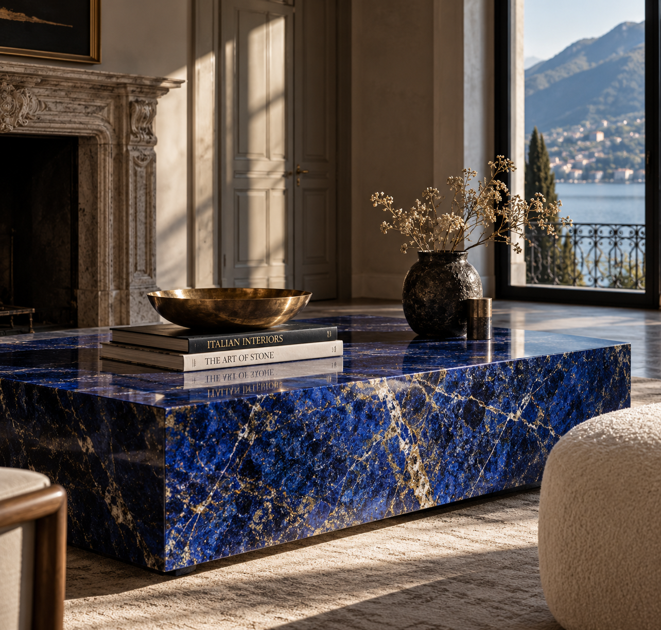 Lapis lazuli coffee table, one of the most prized precious and semi-precious stones, with natural gold pyrite veining.