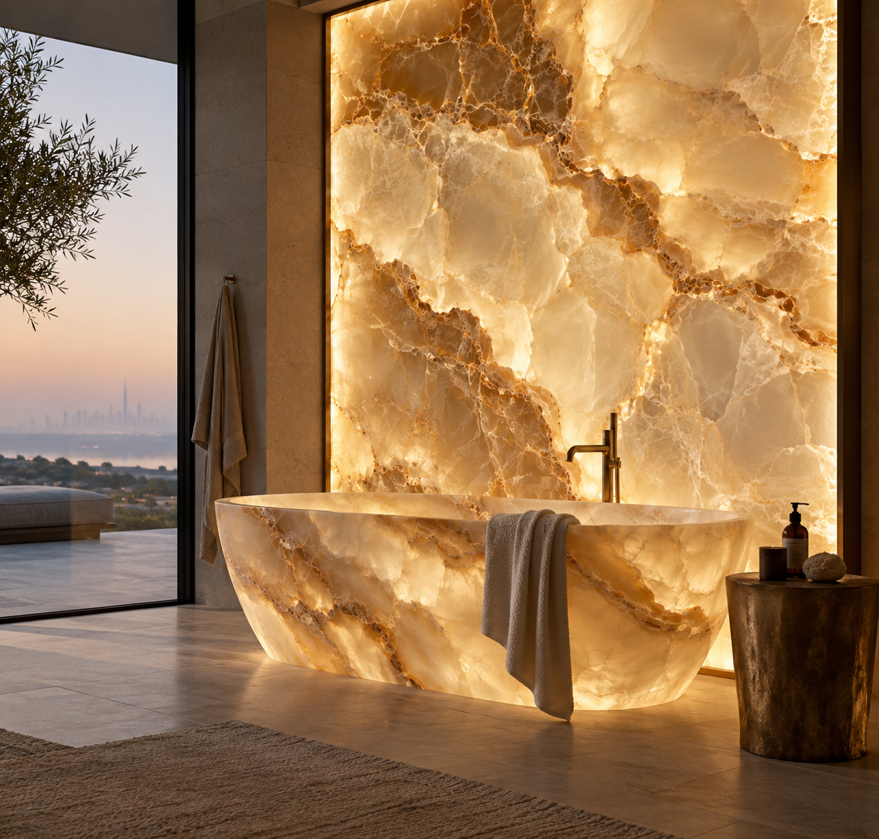 Backlit onyx bathtub and feature wall, a translucent semi-precious stone, in a Dubai villa bathroom with skyline view.