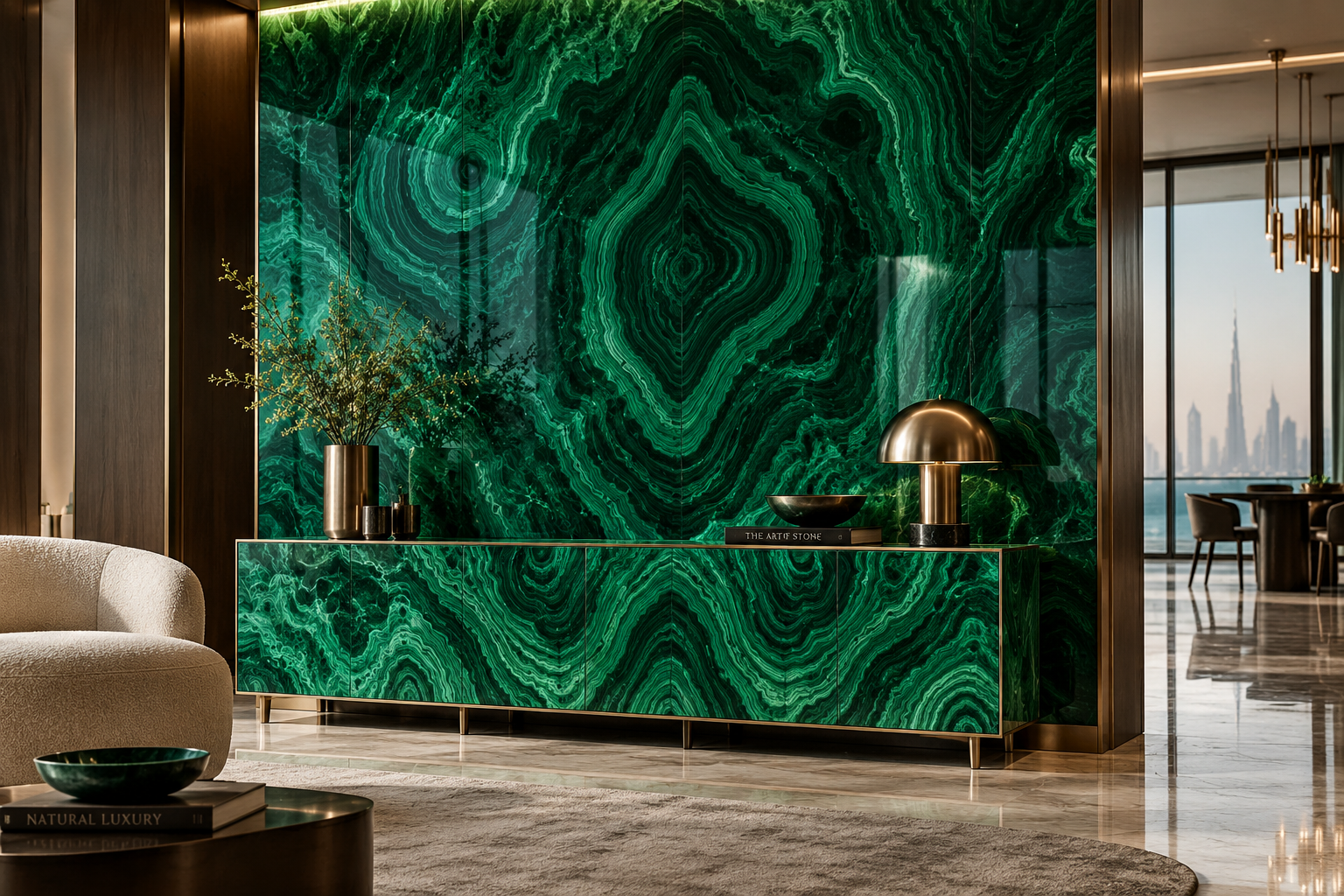 Malachite feature wall and sideboard: a semi-precious stone with natural green banding in a Dubai penthouse interior.