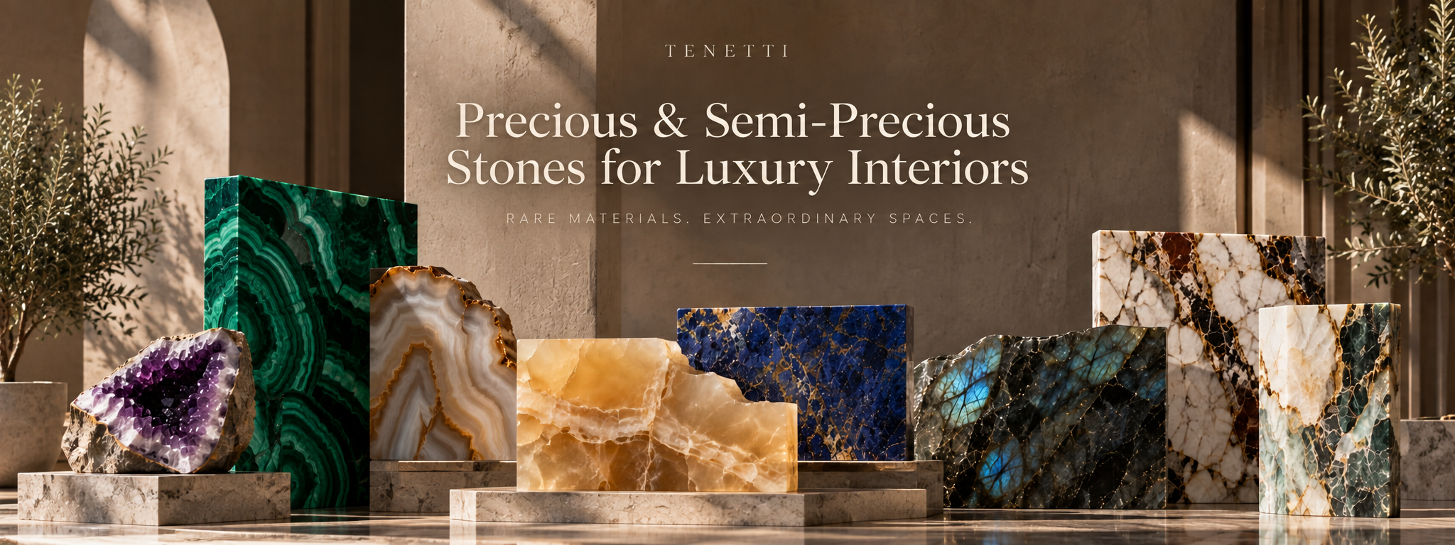 Precious and semi-precious stones: malachite, agate, amethyst, lapis lazuli, onyx, labradorite and rare marble displayed together for a Tenetti luxury interiors project.