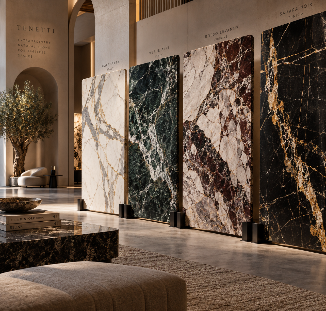 Calacatta, Verde Alpi, Rosso Levanto and Sahara Noir marble slabs on display at Tenetti's showroom.
