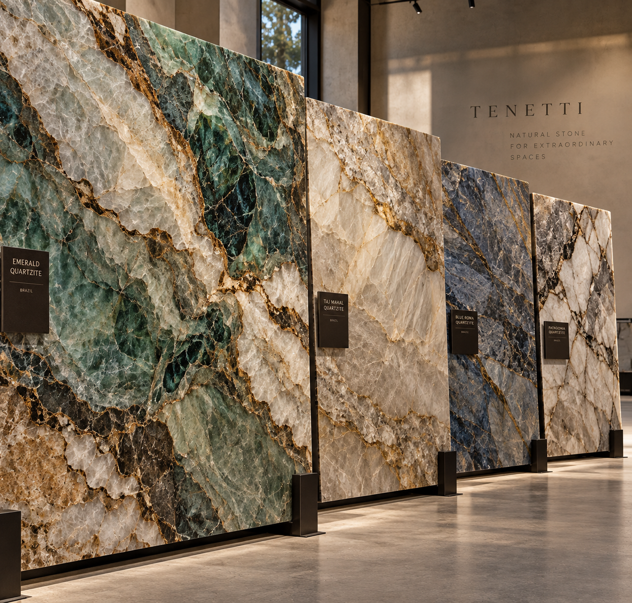 Emerald, Taj Mahal, Blue Roma and Patrocínia quartzite slabs on display at Tenetti's showroom.