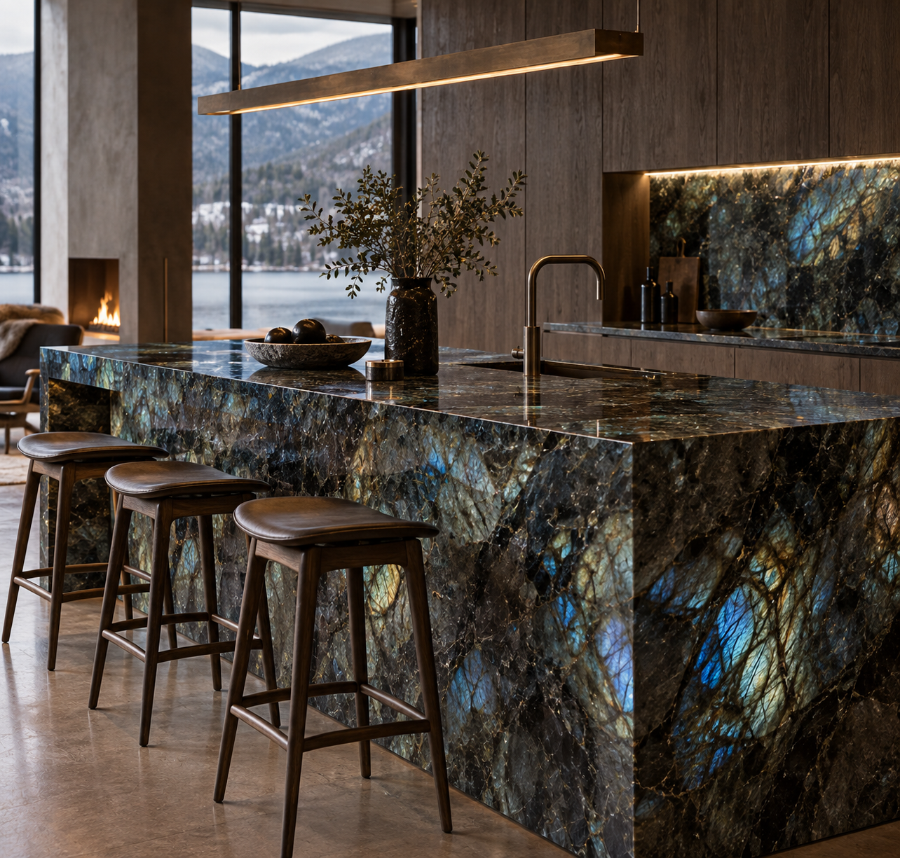 Labradorite kitchen island showing iridescent blue and gold flash.