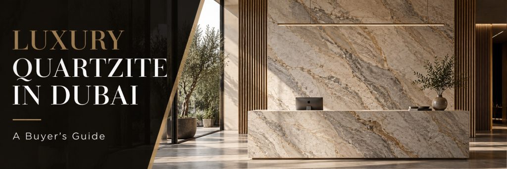 Luxury quartzite reception desk and wall cladding in a Dubai interior, header image for the Luxury Quartzite in Dubai buyer's guide
