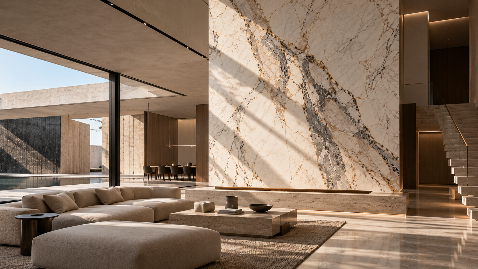 Luxury marble feature wall in a Dubai villa living room by day - Tenetti
