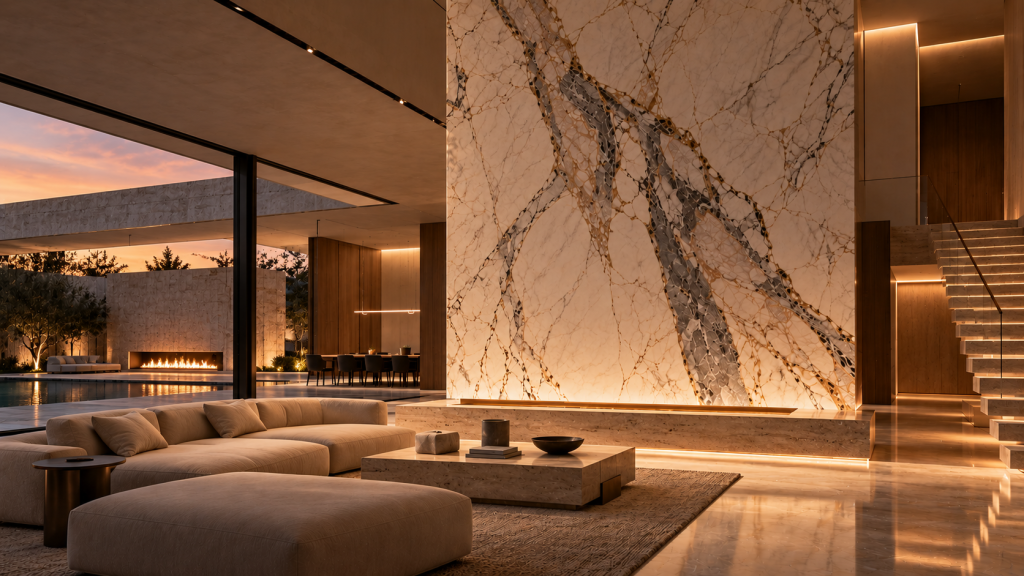 Luxury marble feature wall in a Dubai villa living room at dusk - Tenetti