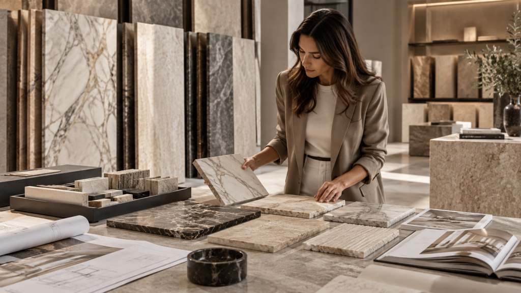 Architect selecting natural stone samples for a luxury architectural project with Tenetti