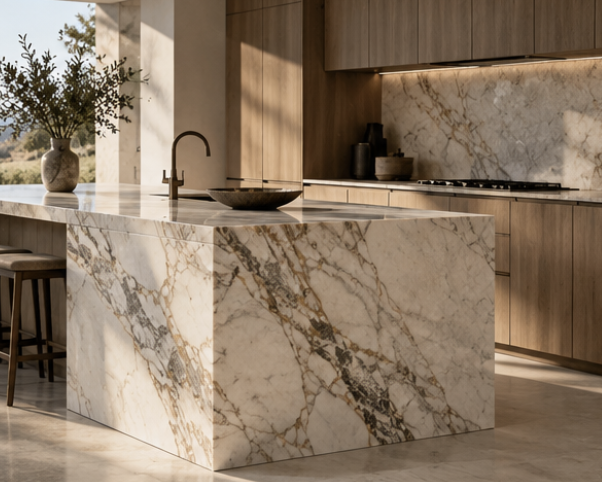 Veined marble waterfall kitchen island and matching backsplash in a warm, light-filled kitchen