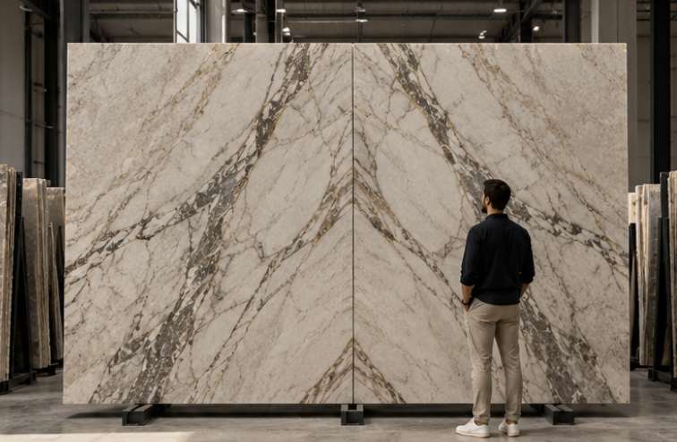 Architect reviewing a pair of bookmatched marble slabs in a stone warehouse