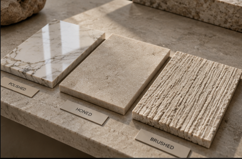 Natural stone samples showing polished, honed and brushed finishes side by side