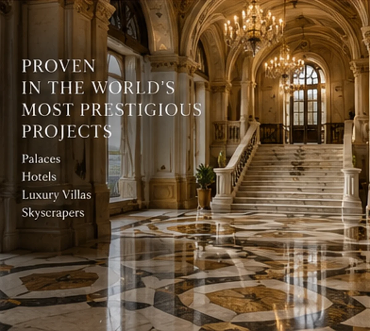 Palace entrance hall with inlaid marble flooring, a stone staircase and chandeliers