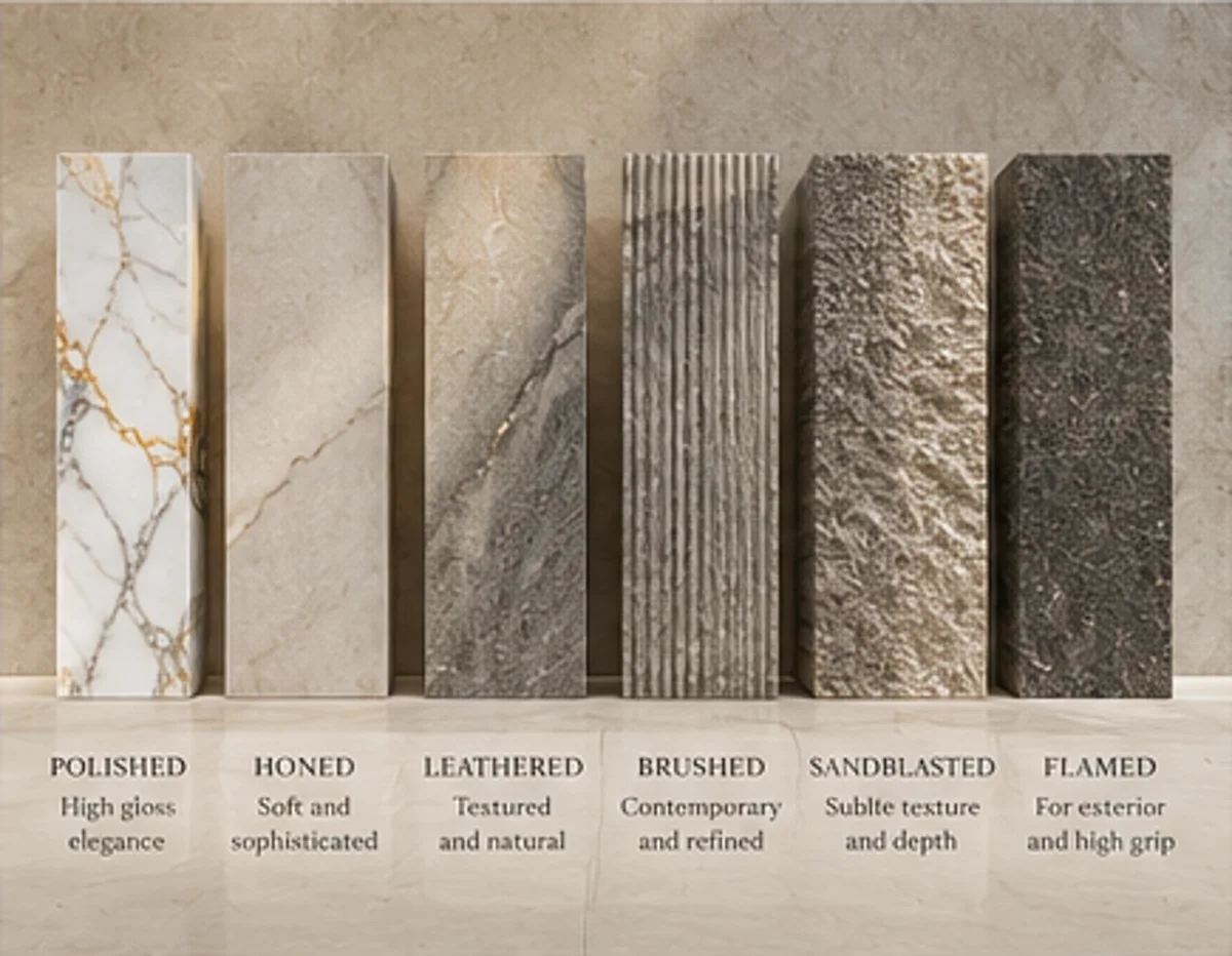 Six natural stone finishes compared: polished, honed, leathered, brushed, sandblasted and flamed