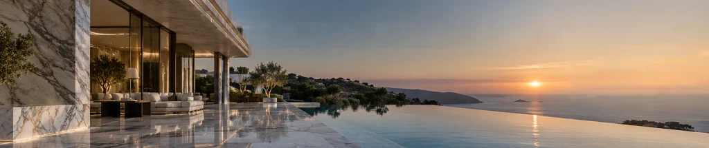 Natural stone slabs in a luxury villa: white marble cladding and flooring beside an infinity pool at sunset
