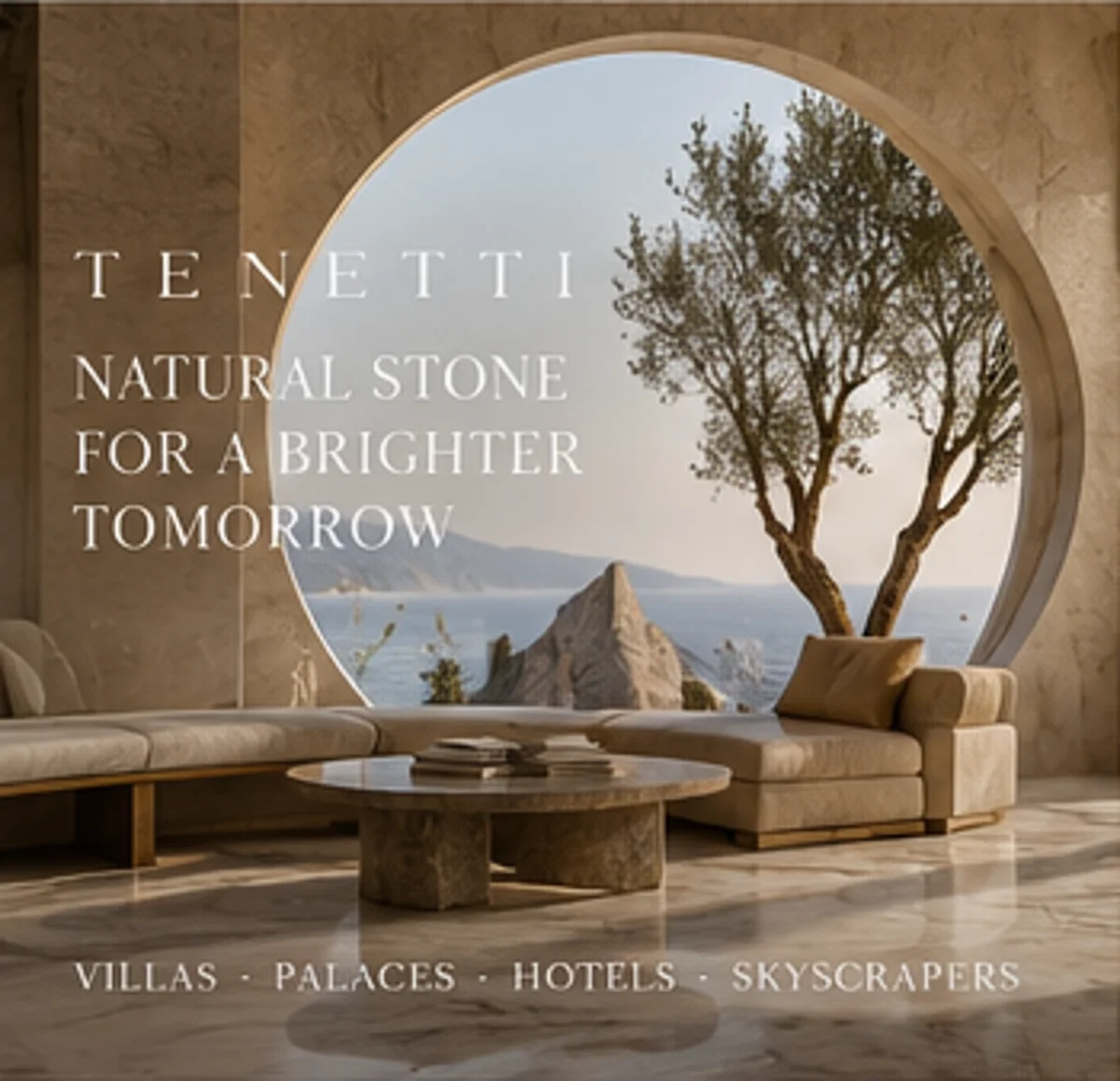 Living room with travertine walls, limestone flooring and a round stone coffee table overlooking the sea